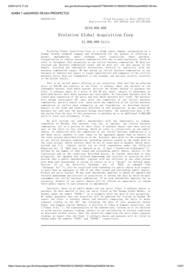 Evolution Global Acquisition Corp美股纳斯达克IPO上市招股说明书