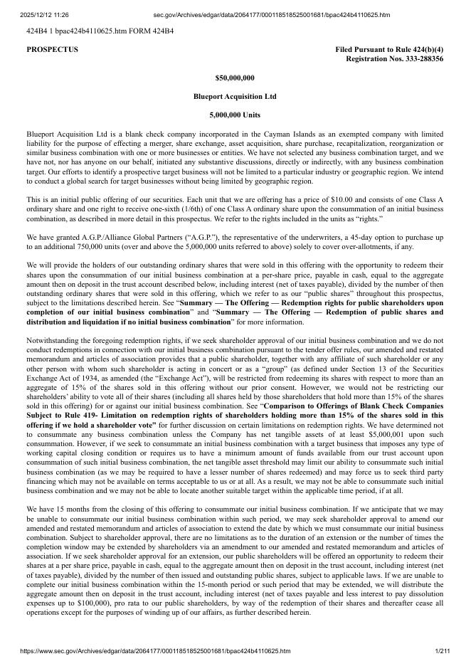 Blueport Acquisition Ltd美股纳斯达克IPO上市招股说明书