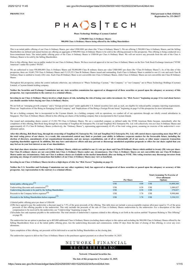 Phaos Technology Holdings（Cayman）Limited纽约证券交易所IPO上市招股说明书