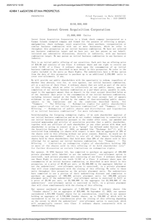Invest Green Acquisition Corporation美股纳斯达克IPO上市招股说明书