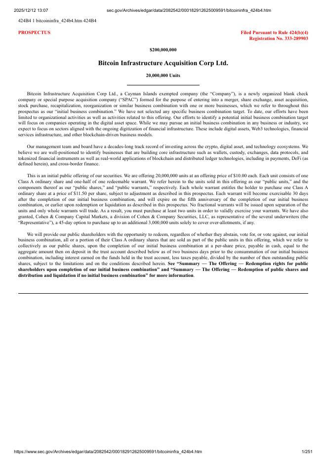 Bitcoin Infrastructure Acquisition Corp Ltd.美股纳斯达克IPO上市招股说明书