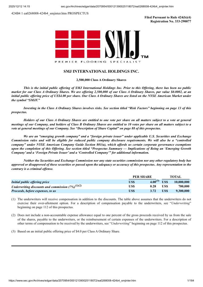 SMJ International Holdings Inc.纽约证券交易所IPO上市招股说明书