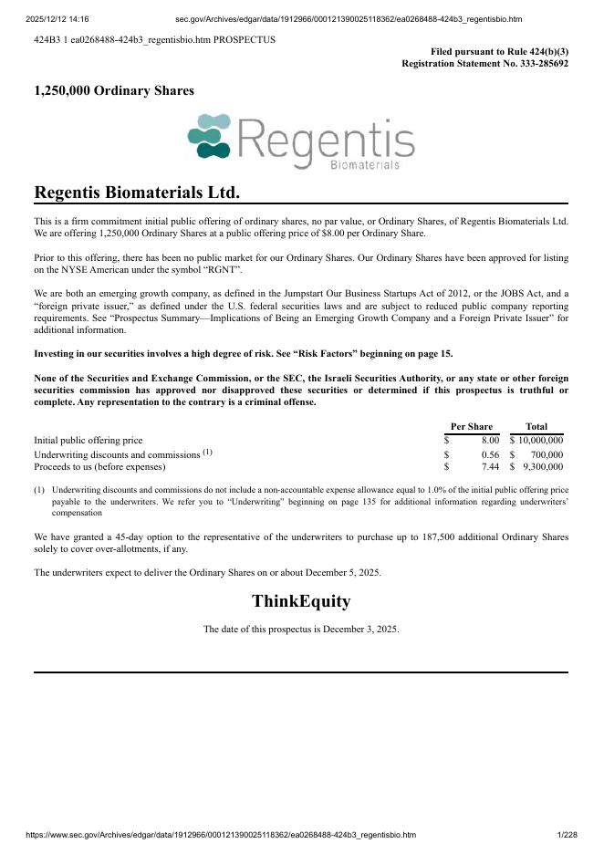 Regentis Biomaterials Ltd.纽约证券交易所美国板块IPO上市招股说明书