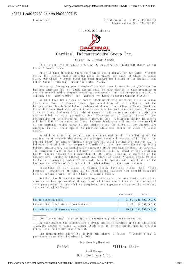 Cardinal Infrastructure Group Inc.美股纳斯达克IPO上市招股说明书