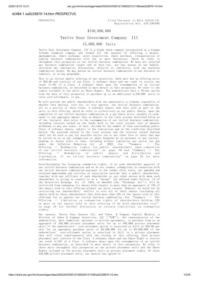 Twelve Seas Investment Company III美股纳斯达克IPO上市招股说明书