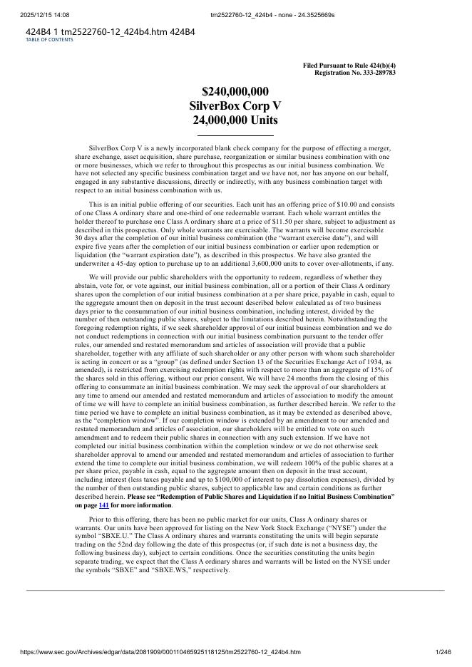 SilverBox Corp V纽约证券交易所IPO上市招股说明书