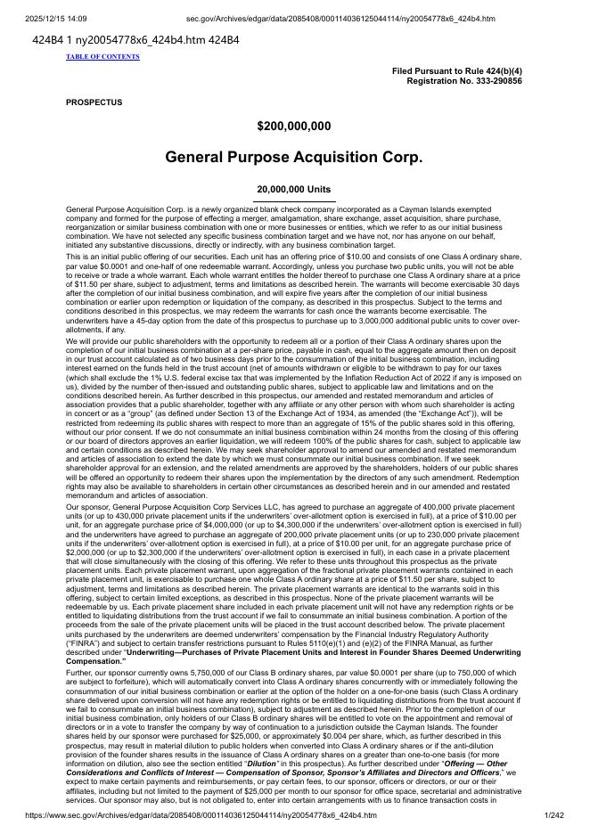 General Purpose Acquisition Corp.美股纳斯达克IPO上市招股说明书