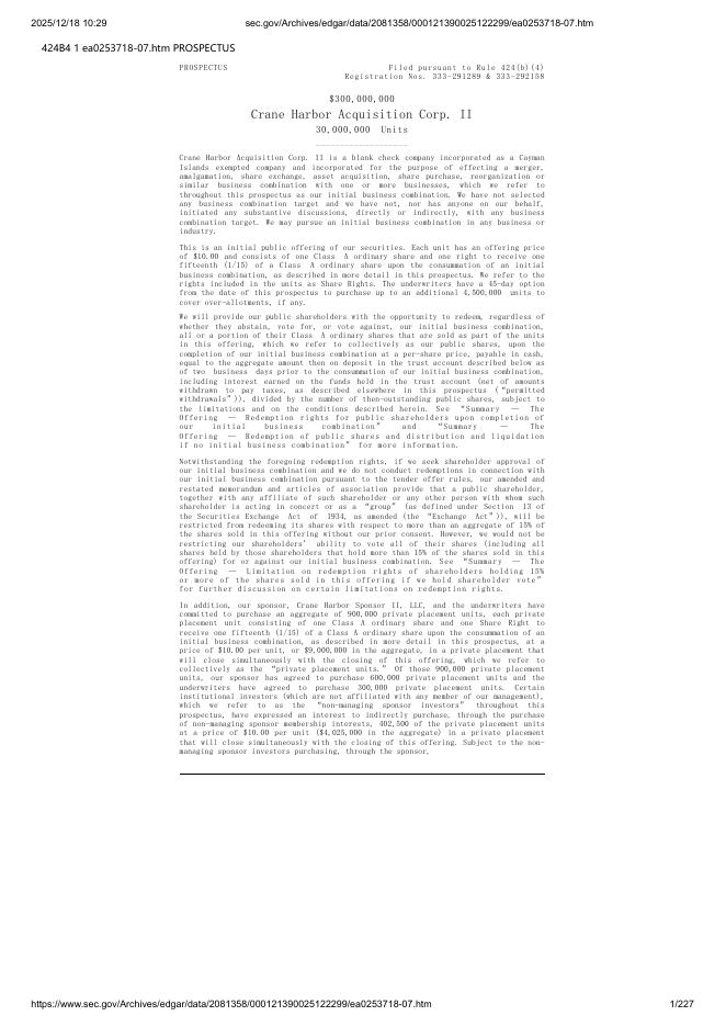 Crane Harbor Acquisition Corp.II美股纳斯达克IPO上市招股说明书