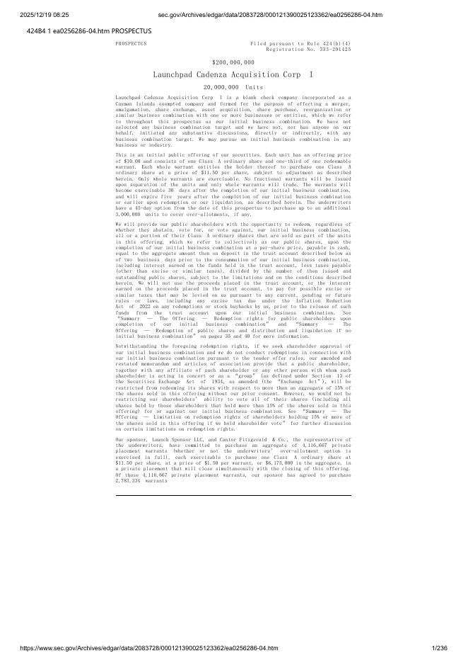 Launchpad Cadenza Acquisition Corp I美股纳斯达克IPO上市招股说明书