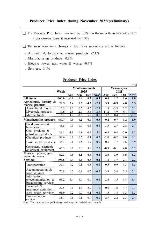 韩国央行：2025年11月生产者价格指数报告（初步）（英文版）