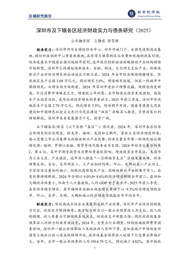 新世纪评级：深圳市及下辖各区经济财政实力与债务研究（2025）