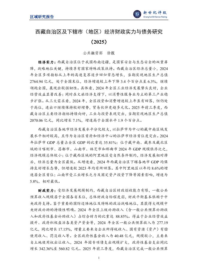 新世纪评级：西藏自治区及下辖市（地区）经济财政实力与债务研究（2025）