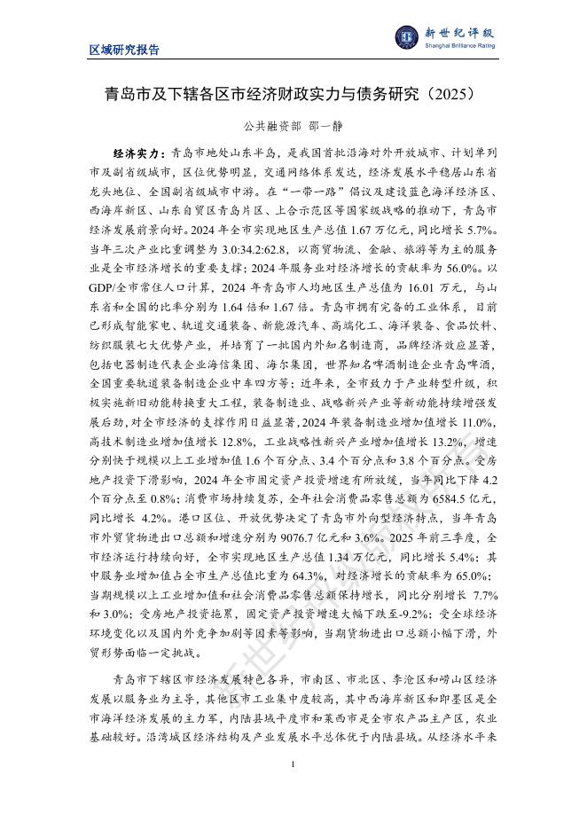新世纪评级：青岛市及下辖各区市经济财政实力与债务研究（2025）