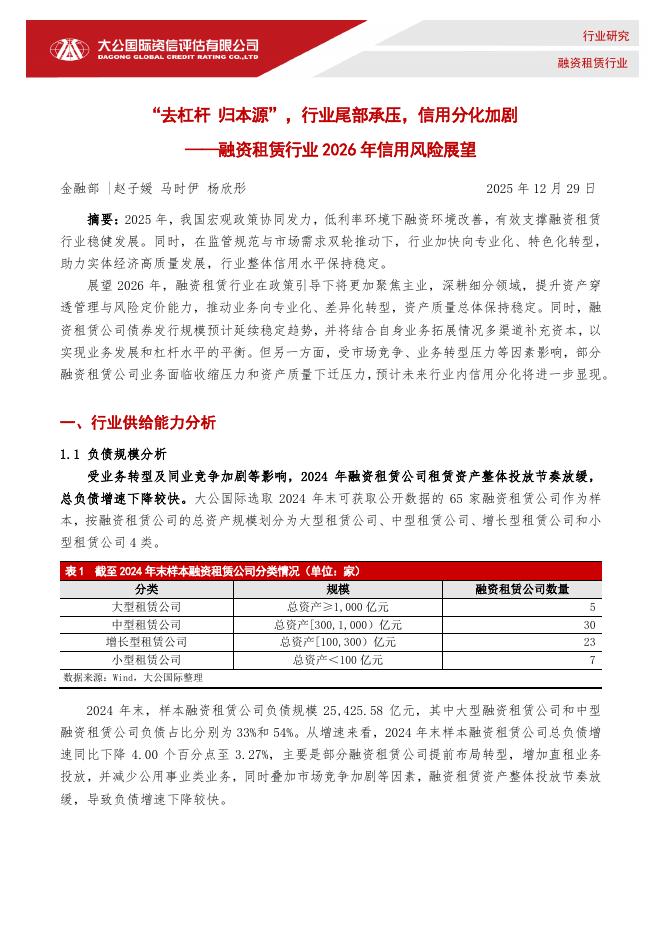 大公国际：融资租赁行业2026年信用风险展望：“去杠杆归本源”，行业尾部承压，信用分化加剧海报