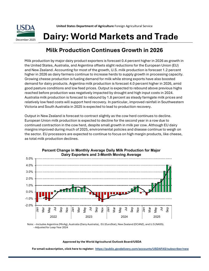 美国农业部（USDA）：2025年全球及美国乳制品市场与贸易动态半年度报告（12月版）（英文版）