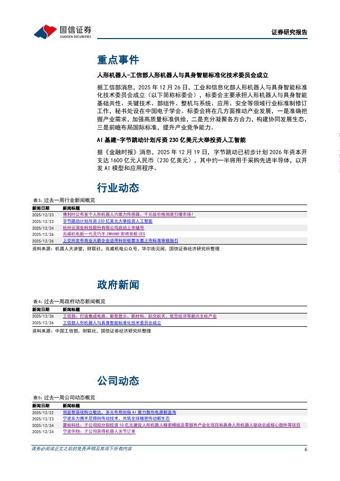 国信证券：机械设备行业制造成长周报（第40期）：工信部人形机器人与具身智能标准化技术委员会成立，字节计划2026年斥资230亿美元投资人工智能_第6页