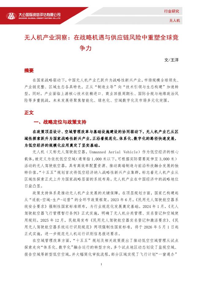大公国际资信评估有限公司：2025年无人机产业洞察：在战略机遇与供应链风险中重塑全球竞争力报告