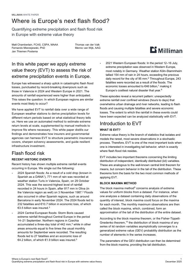 Milliman：2025年欧洲的下一个突发洪水会在哪里？利用极端值理论量化欧洲极端降水和突发洪水风险白皮书（英文版）