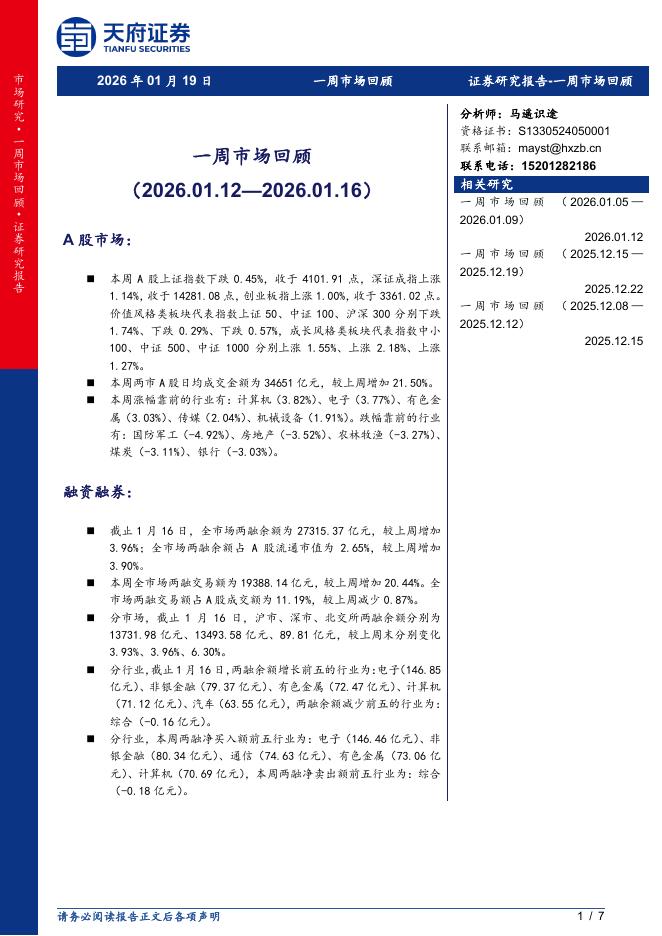 天府证券：一周市场回顾