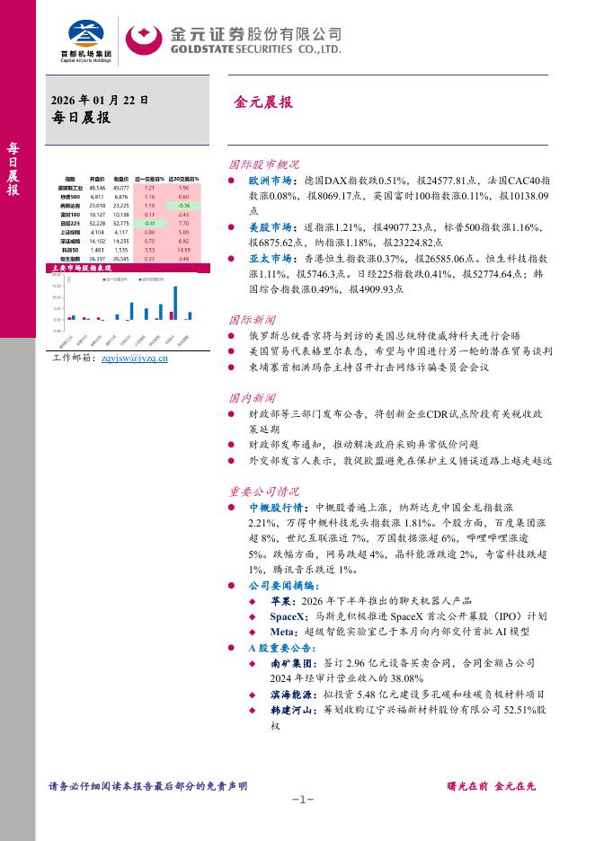 金元证券：金元晨报-260122
