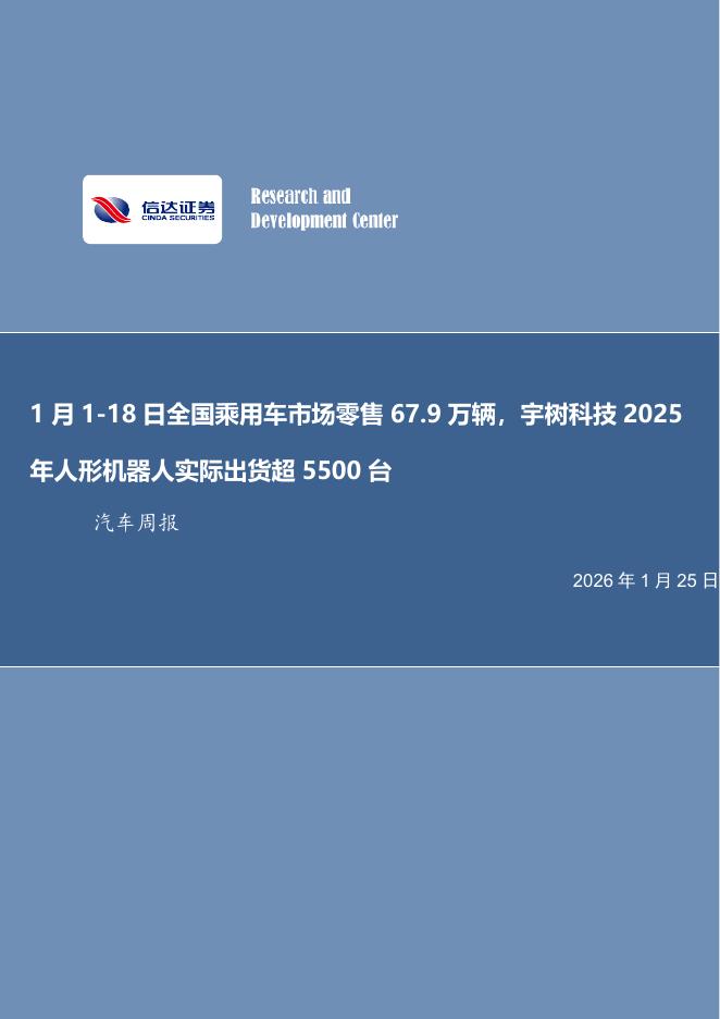 信达证券：汽车行业周报：1月1-18日全国乘用车市场零售67.9万辆，宇树科技2025年人形机器人实际出货超5500台海报