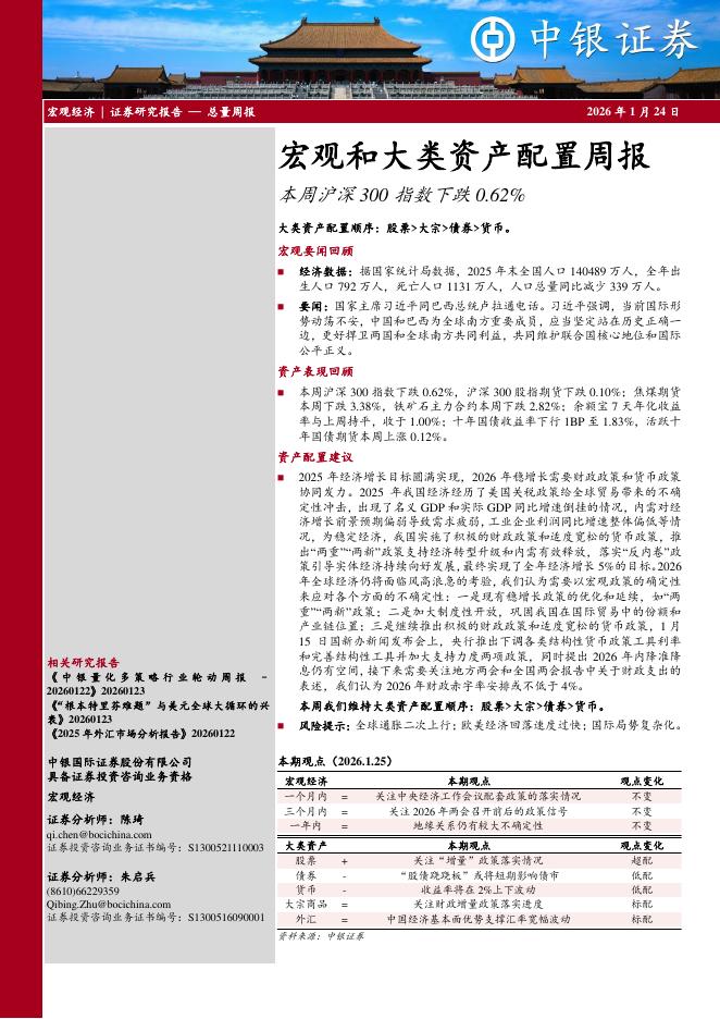中银证券：宏观和大类资产配置周报：本周沪深300指数下跌0.62%-260125海报