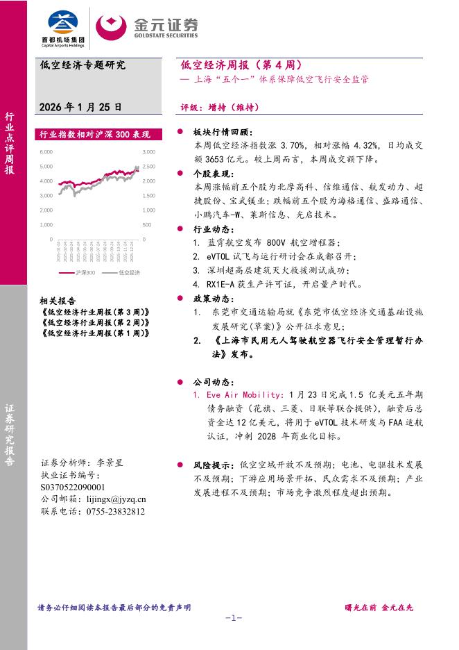 金元证券：低空经济周报（第4周）：上海“五个一”体系保障低空飞行安全监管海报
