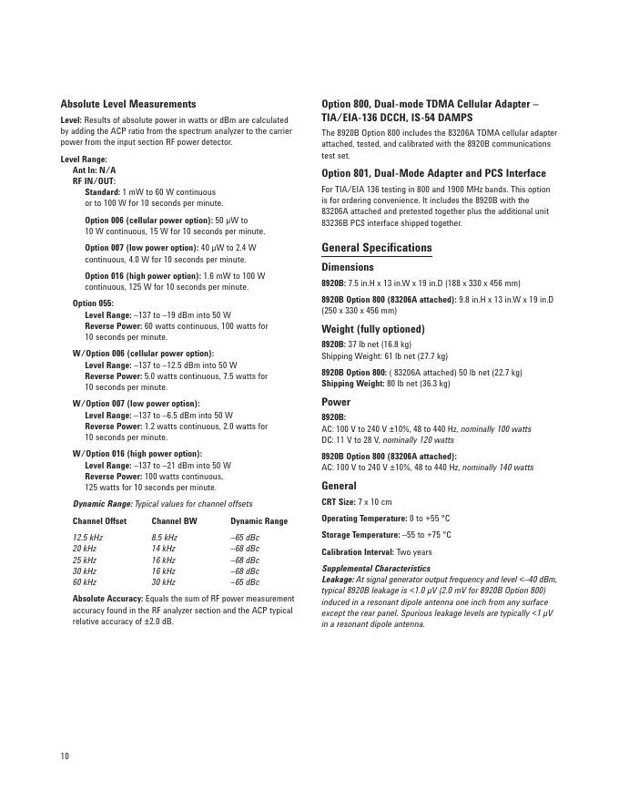 Agilent 8920B RF Communications Test Set Technical Specifications_第10页