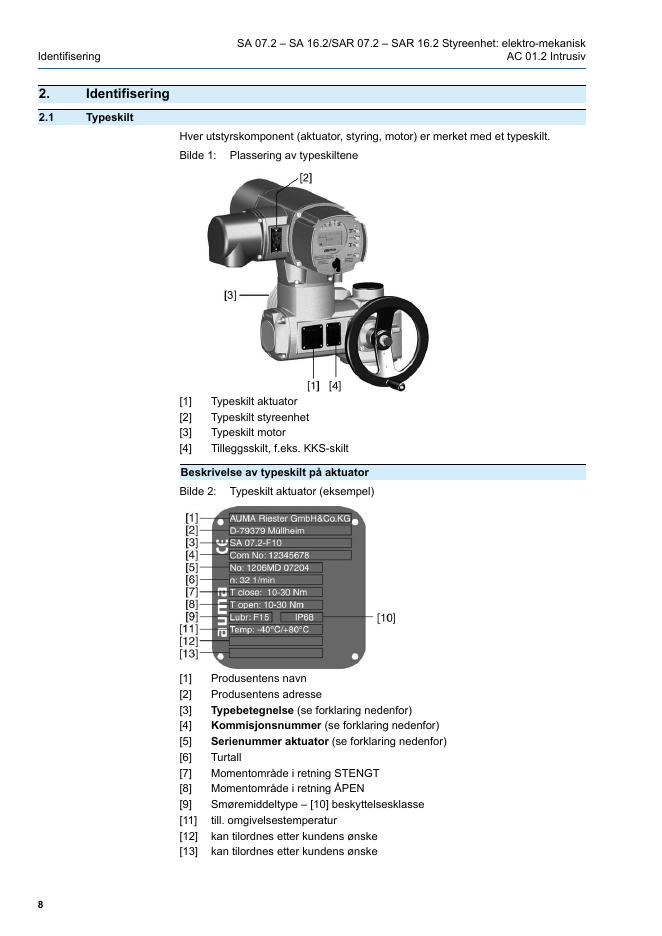 AUMA Multiturn aktuatorer SA 07.2 – SA 16.2/SAR 07.2 – SAR 16.2 Styreenhet: elektro-mekanisk med aktuatorstyring AUMATIC AC 01.2 Intrusiv_第8页