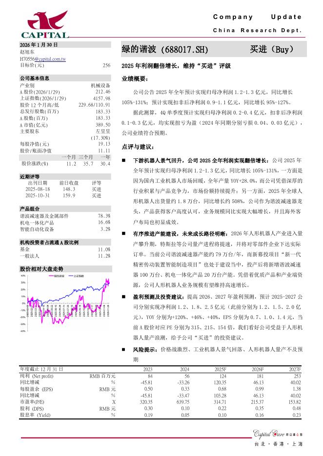 群益证券：绿的谐波（688017）-2025年利润翻倍增长，维持“买进”评级海报