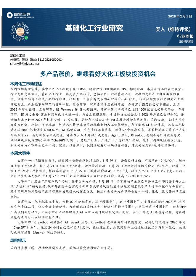 国金证券：基础化工行业研究：多产品涨价，继续看好大化工板块投资机会海报