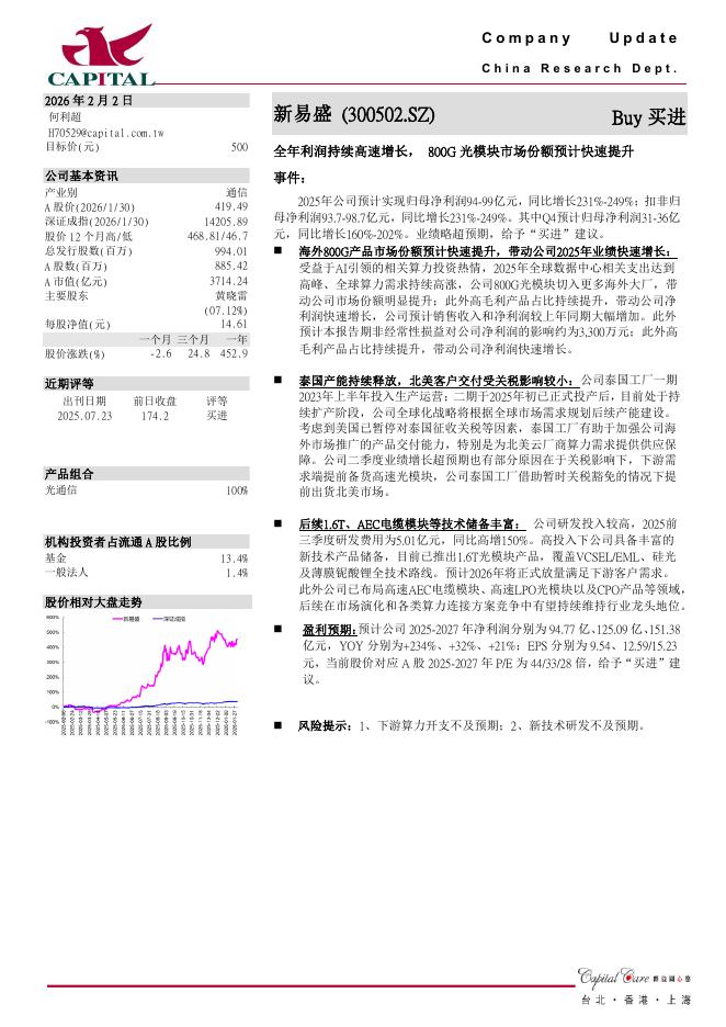 群益证券：新易盛（300502）-全年利润持续高速增长，800G光模块市场份额预计快速提升海报