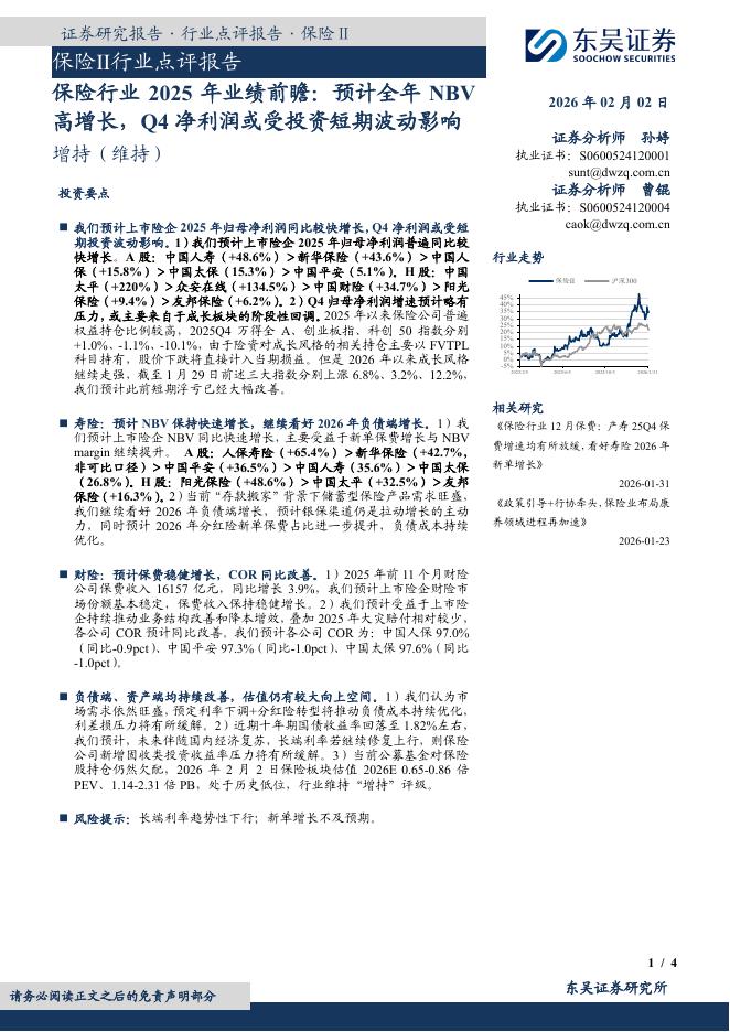 东吴证券：保险Ⅱ行业点评报告：保险行业2025年业绩前瞻：预计全年NBV高增长，Q4净利润或受投资短期波动影响海报