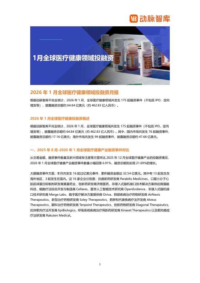 动脉智库：2026年1月全球医疗健康领域投融资月报海报
