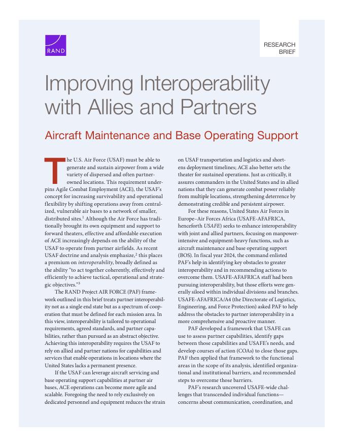 Rand兰德：2026年提高与盟友和合作伙伴的互操作性-飞机维修和基地运营支持报告（英文版）海报