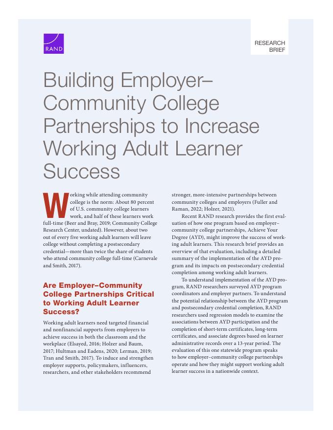 Rand兰德：2026年建立雇主社区学院合作伙伴关系，以提高在职成人学习者的成功率报告（英文版）海报