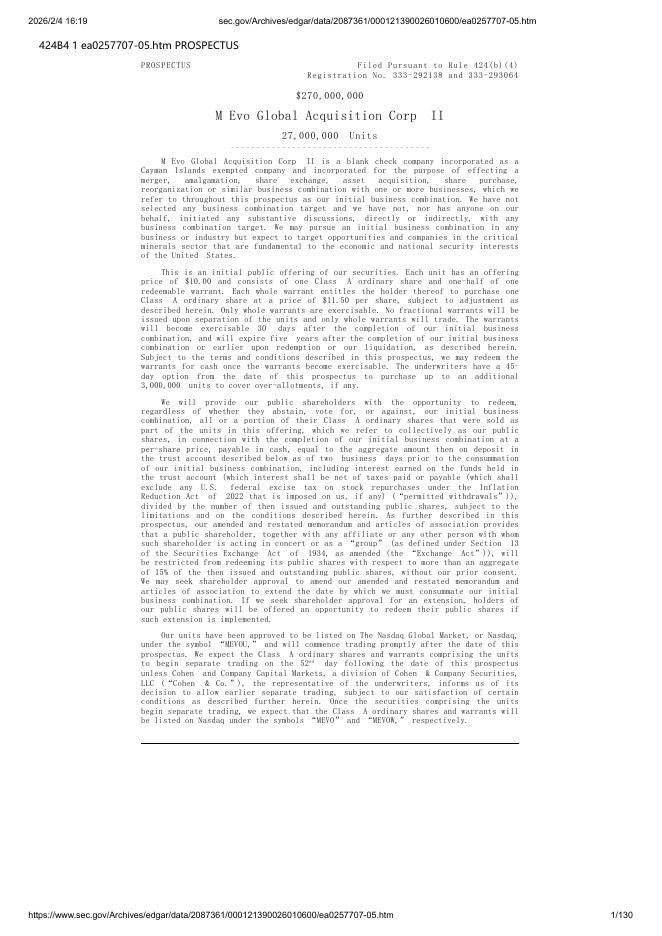 M Evo Global Acquisition Corp II美股纳斯达克IPO上市招股说明书海报
