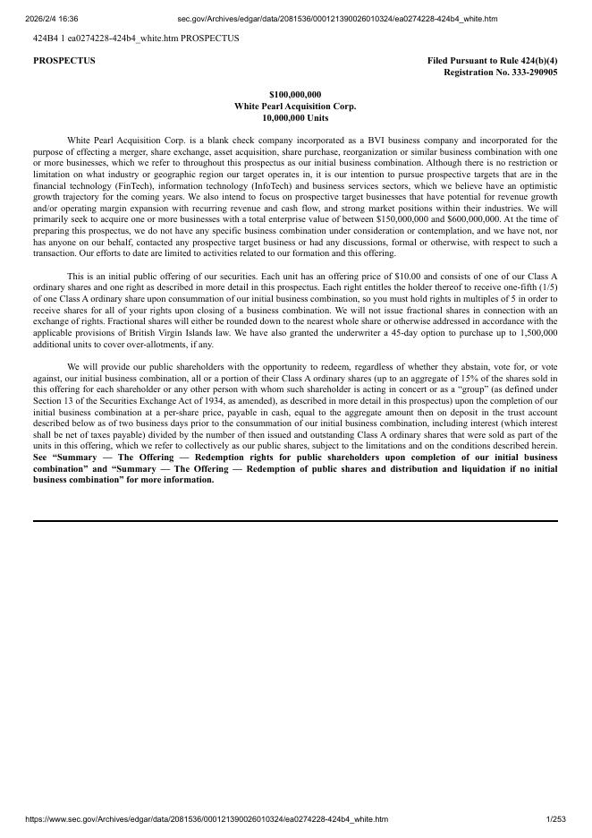 White Pearl Acquisition Corp.纽约证券交易所IPO上市招股说明书海报