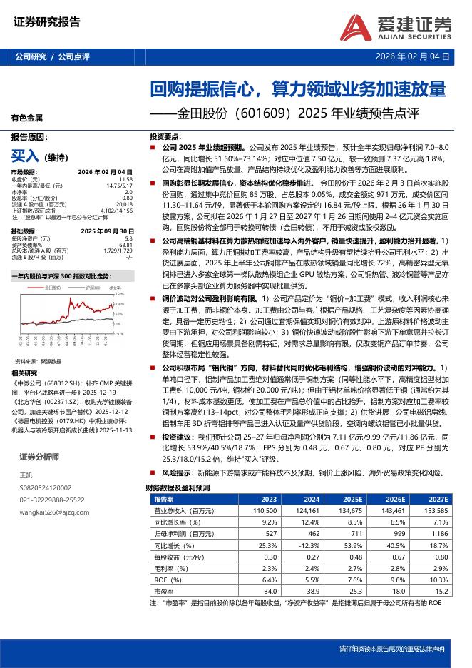 爱建证券：金田股份（601609）-2025年业绩预告点评：回购提振信心，算力领域业务加速放量海报