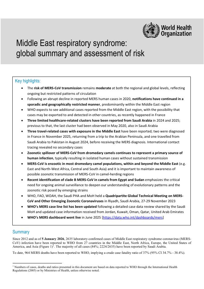 WHO世界卫生组织：2026年中东呼吸综合征：全球概要及风险评估报告（英文版）海报