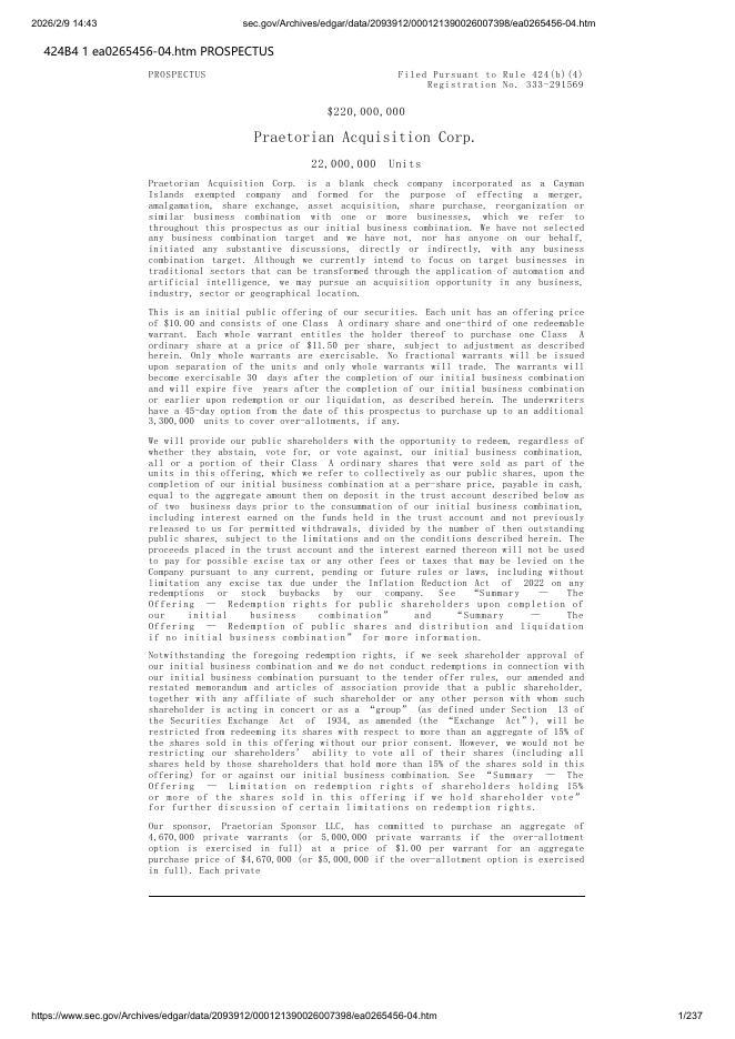 Praetorian Acquisition Corp.美股纳斯达克IPO上市招股说明书海报
