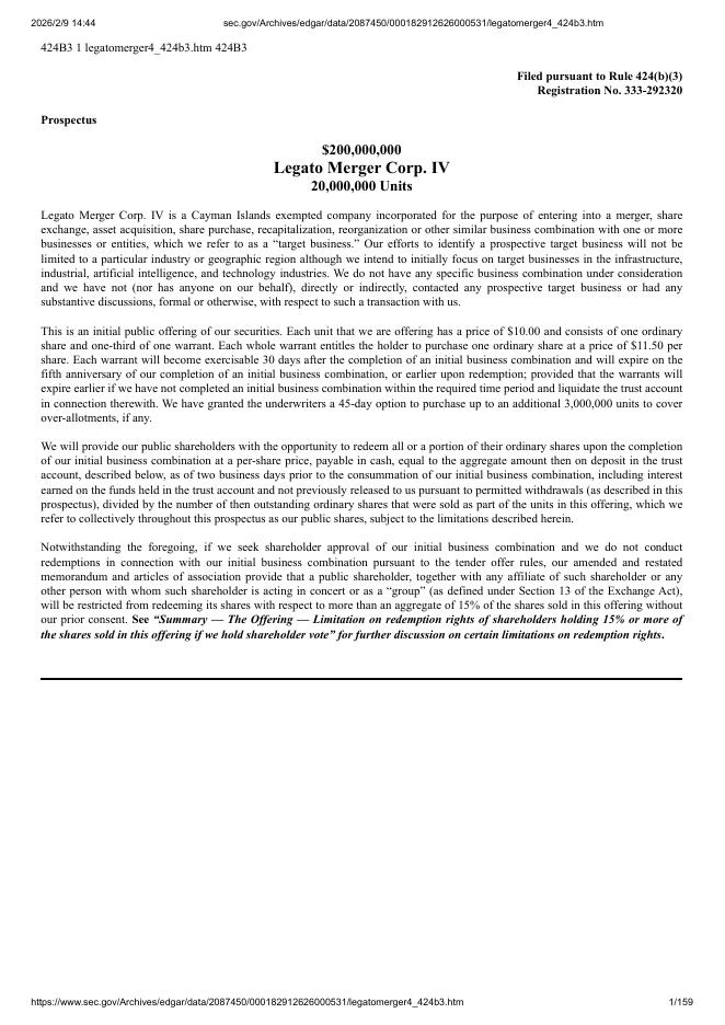 Legato Merger Corp. IV纽约证券交易所IPO上市招股说明书海报