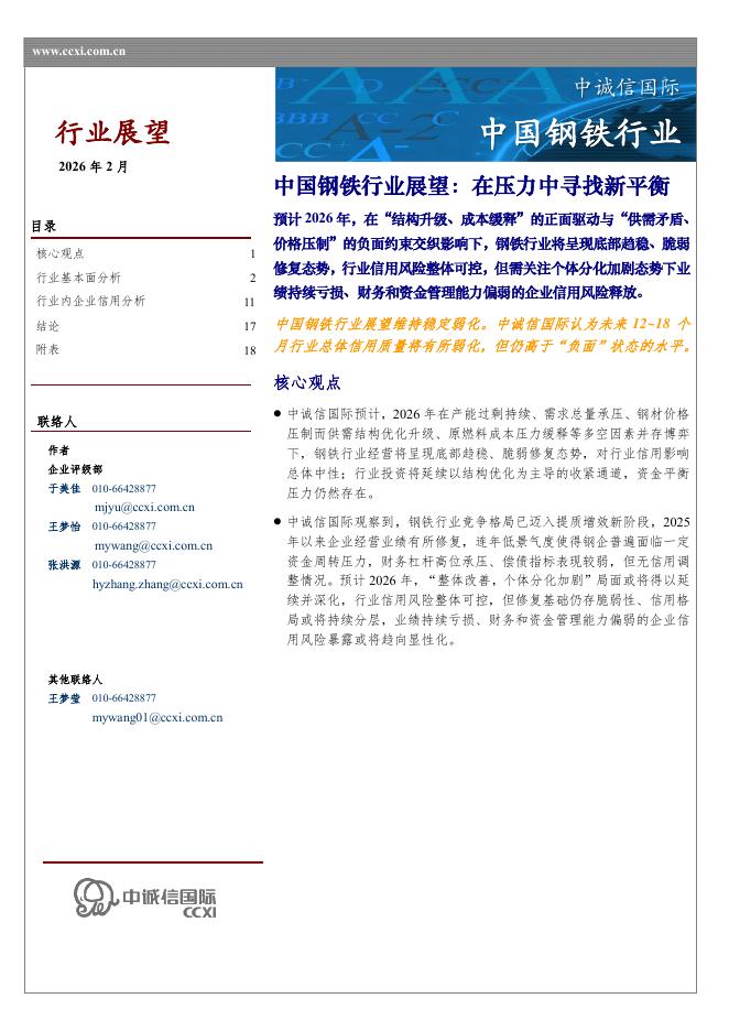 中诚信国际：中国钢铁行业展望：在压力中寻找新平衡海报
