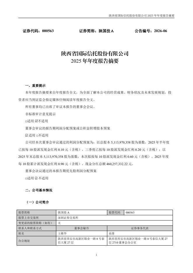 000563-陕国投Ａ：2025年年度报告摘要