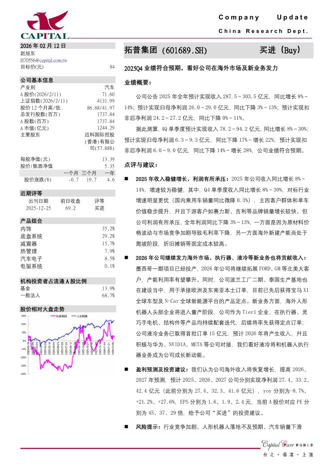 群益证券：拓普集团（601689）-2025Q4业绩符合预期，看好公司在海外市场及新业务发力海报