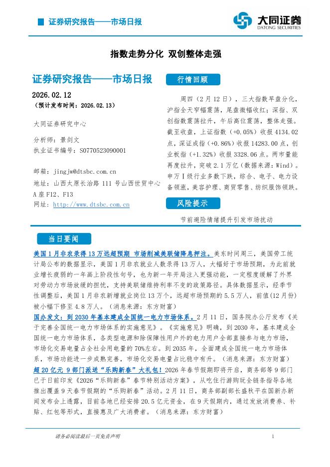 大同证券：市场日报：指数走势分化双创整体走强-260213海报