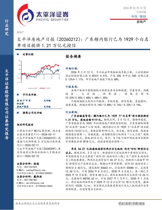 太平洋证券：房地产日报：广东辖内银行已为1929个白名单项目提供1.21万亿元授信海报