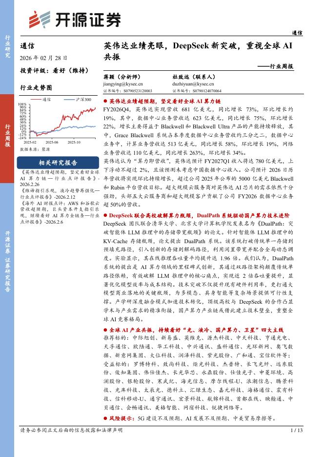开源证券：通信行业周报：英伟达业绩亮眼，DeepSeek新突破，重视全球AI共振海报