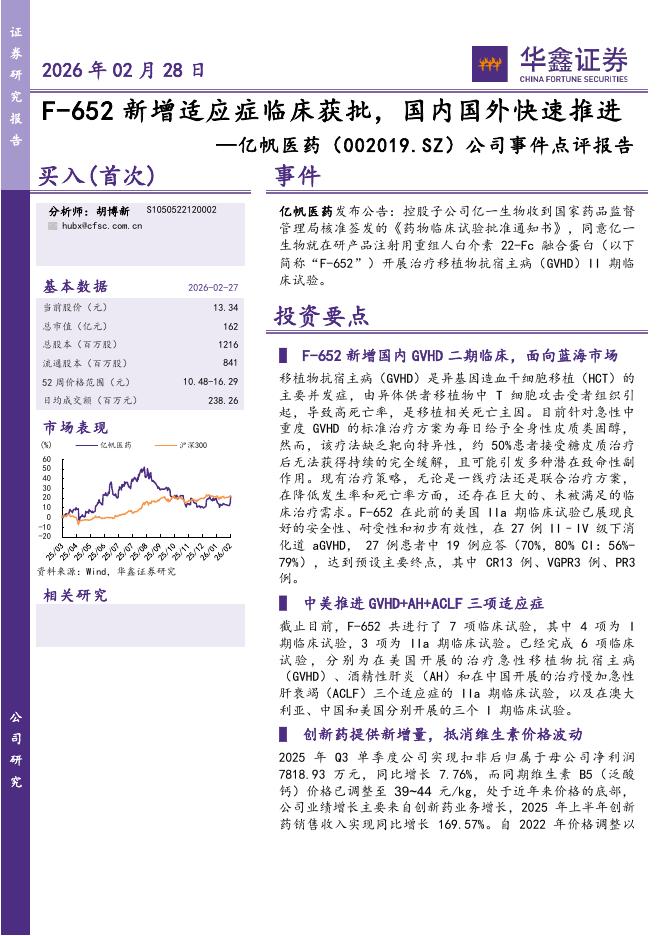 华鑫证券：亿帆医药（002019）-公司事件点评报告：F-652新增适应症临床获批，国内国外快速推进海报