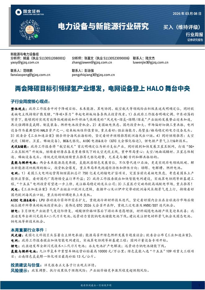 国金证券：电力设备与新能源行业研究：两会降碳目标引领绿氢产业爆发，电网设备登上HALO舞台中央海报